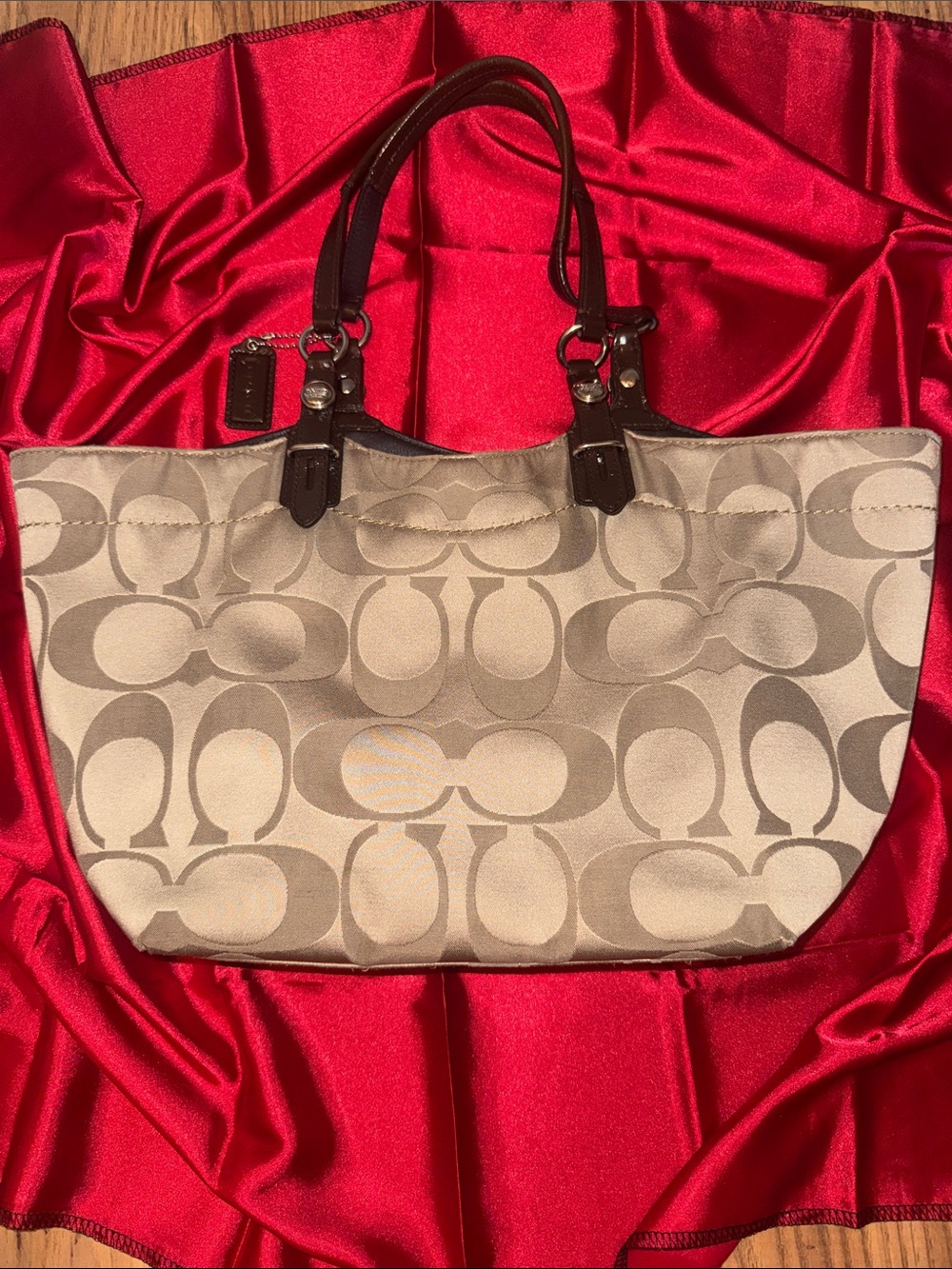 Coach Beige Signature Canvas Tote with Dark Brown Leather Handles